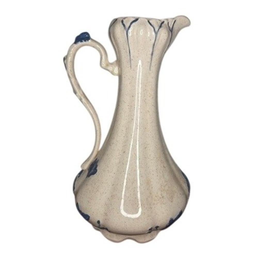 Vintage Ceramic Speckled Pitcher Blue Floral Fluted Vase Cream Farmhouse Decor